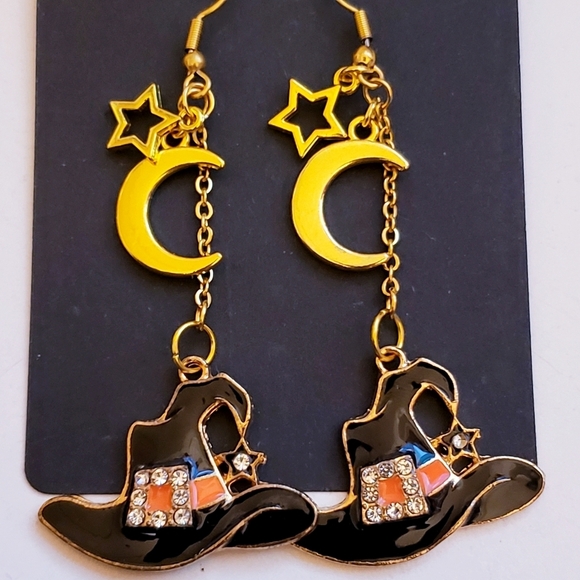 Handmade Jewelry - Handmade Orange Black Star Moon Rhinestone Halloween Witch Hat Dangle Earrings